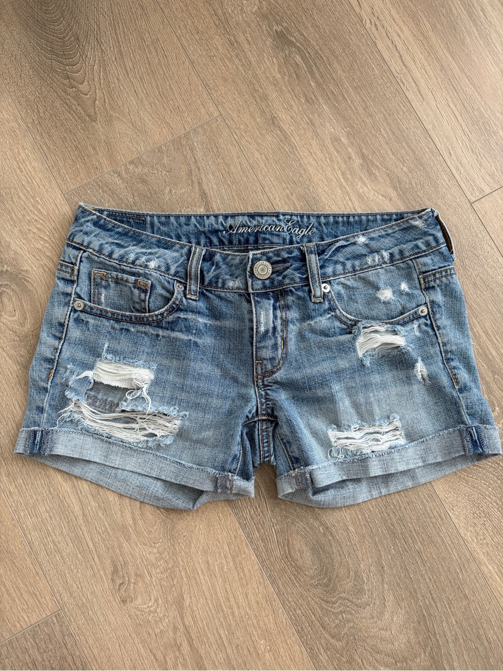 American Eagle Outfitters Ripped Rolled Hem Denim Shorts - Blue